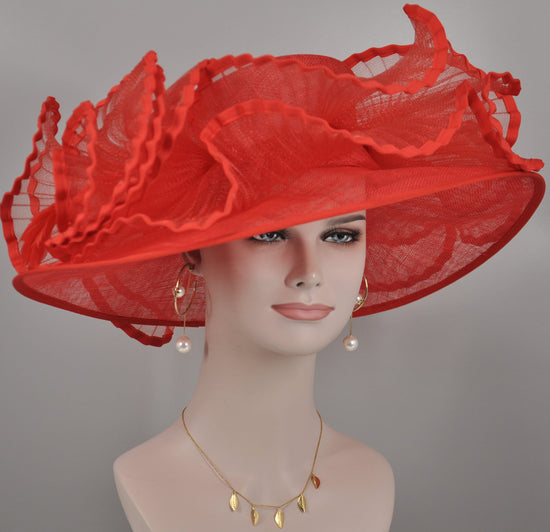 Red Sinamay Derby Hat: Feather Flower Tea Party Hat