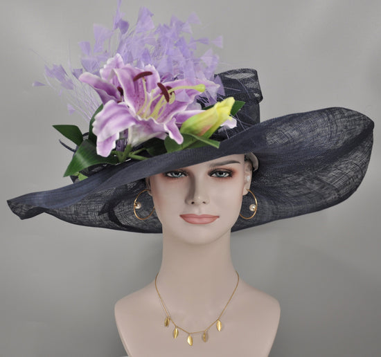 Navy Blue Sinamay Kentucky Derby Hat, Violet Lily, Wide Brim