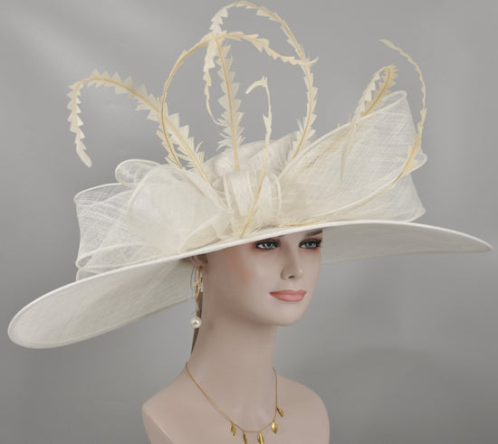Ivory Off White Wide Brim Sinamay Hat for Kentucky Derby,Ascot Royal, Tea Garden Party,Easter Day,Mother of The Bride Elegant Occasion Hat