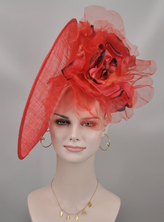 Red Sinamay Derby Hat: Silk Flower Upturned Brim (16.14" Diameter)