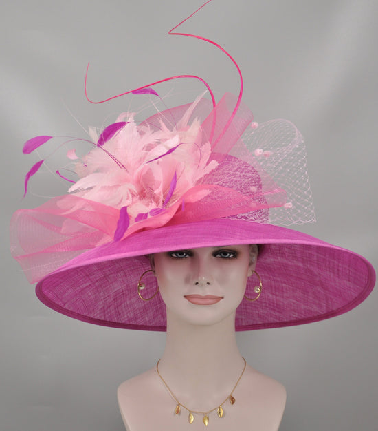 Derby Hat: Hot Pink Feather Flower Sinamay Church Hat