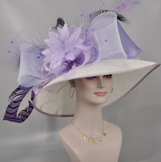 Wide Brim Sinamay Derby Hat: Lavender Lilac Feather Flower
