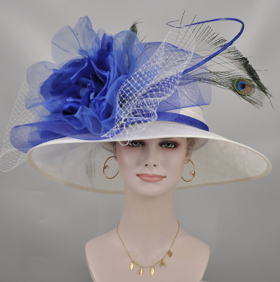 Wide Brim Sinamay Derby Hat: White, Royal Blue Silk Flower & Peacock Feathers