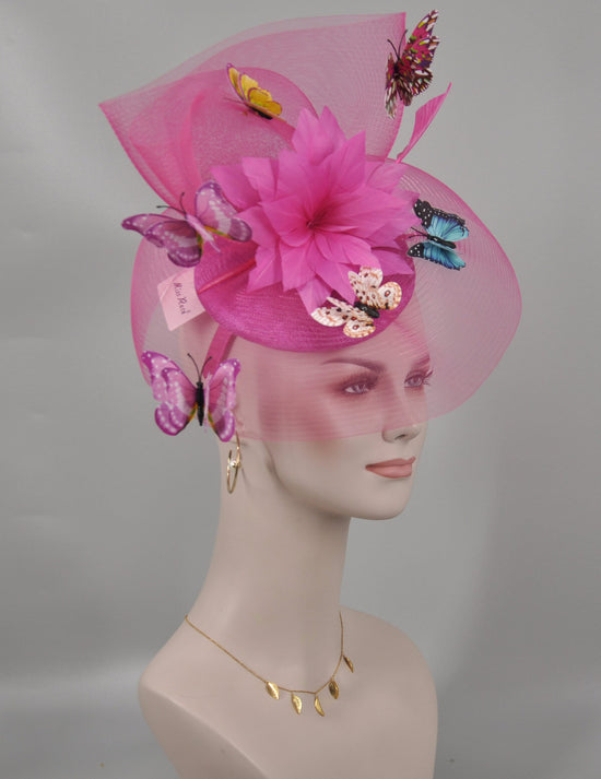 DerbyFascinator Hat: Hot Pink Floral Organza, Butterflies