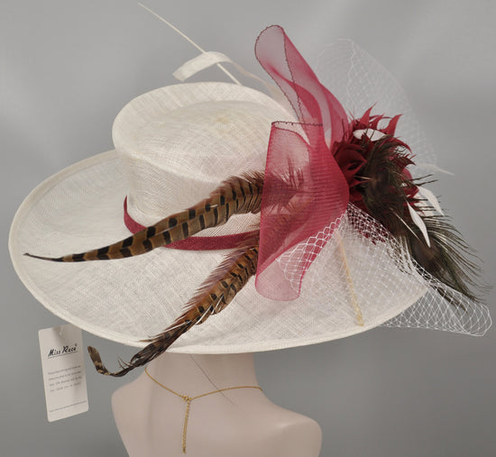 Wide Brim Sinamay Derby Hat: Ivory, Burgundy Feather Flowers