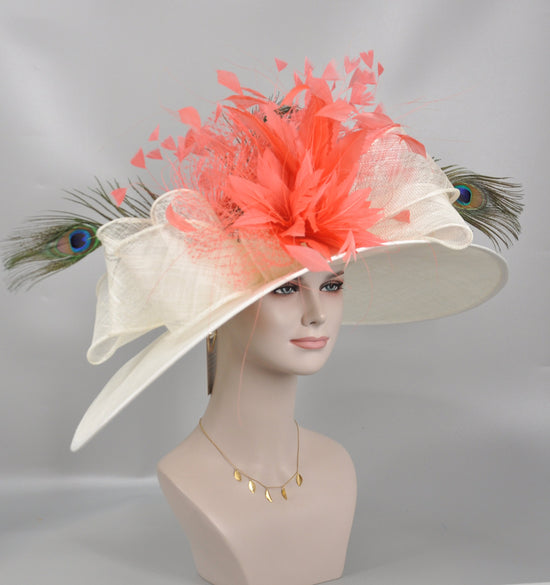 Wide Brim Derby Hat: Ivory, Taupe, Peacock Feather