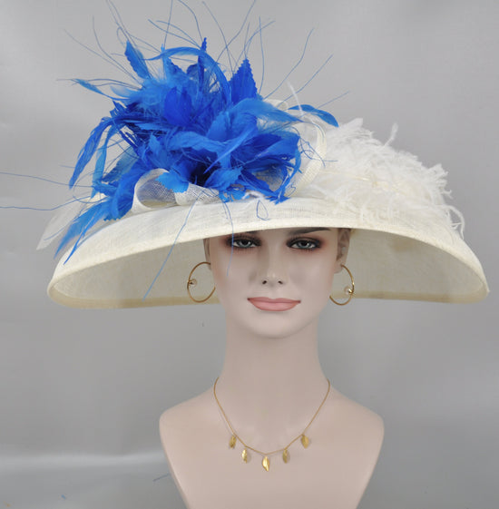 Ivory Sinamay Derby Hat: Royal Blue Feather Flower, Wide Brim