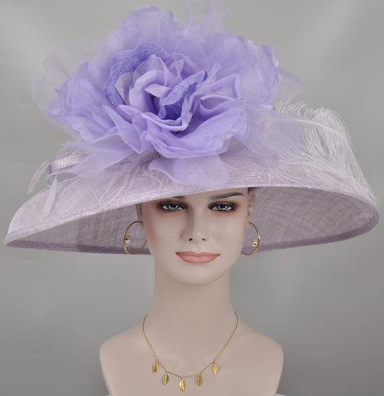 Lilac Sinamay Derby Hat, Wide Brim with Silk Flower & Ostrich Feather