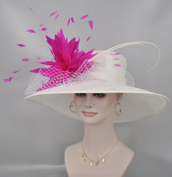Wide Brim Kentucky Derby Hat, Ascot Hat for Wedding & Tea Party, Garden Party Hat, Mother of the Bride, Church White Fuchsia Pink