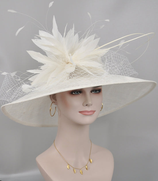 Wide Brim Kentucky Derby Hat, Ascot Hat for Wedding & Tea Party, Garden Party Hat, Mother of the Bride, Church- White