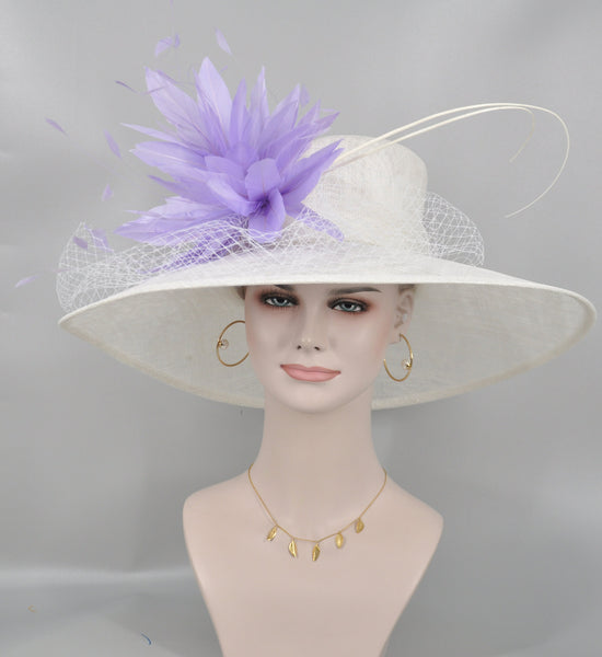 Wide Brim Sinamay Derby Hat: White with Lavender Feather Flower