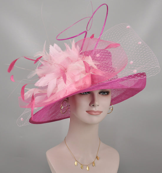 Hot Pink W Pink Feather Flower Wide Brim Kentucky Derby Hat,Ascot Hat for Wedding & Tea Party, Garden Party Hat, Mother of the Bride, Church