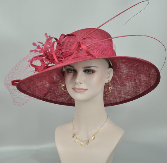 Burgundy / Wine /Maroon Wide Brim Sinamay Hat For Kentucky Derby,Tea Part,Garden Party, Church, Mother of the Bride, Ascot Royal Party