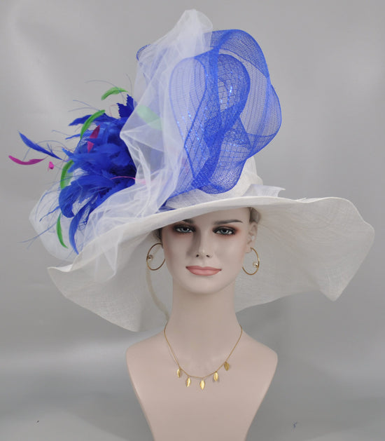 White Sinamay Derby Hat: Royal Blue Bow, Feather Flowers