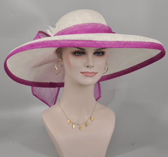 White & Hot Pink Wide Brim Sinamay hat For Easter Day; Kentucky Derby Party;Ascort Royal Party, Tea Garden wedding Party,Mother of the Bride