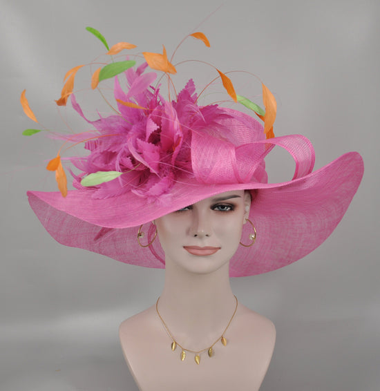 Hot Pink Sinamay Derby Hat, Feather Flower Wide Brim