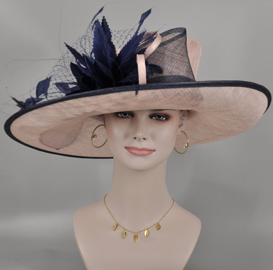 Dusty Pink Sinamay Derby Hat: Navy Feather Flower Wide Brim