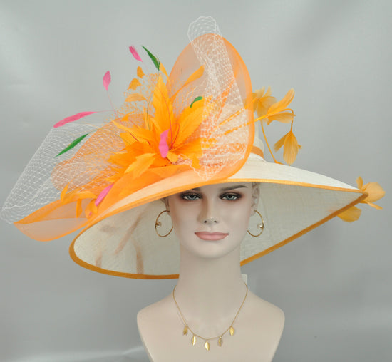 Feather Flower Derby Hat: Orange & White Handmade Sinamay