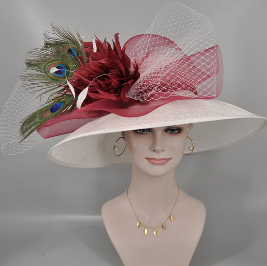 Wide Brim Sinamay Derby Hat: Ivory & Burgundy Peacock Feathers