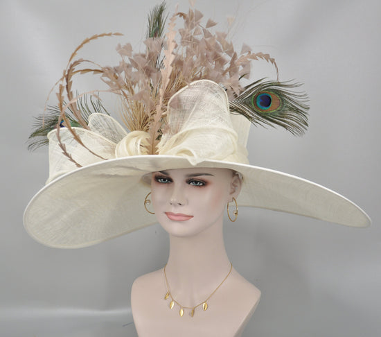 Wide Brim Kentucky Derby Hat, Ascot Hat for Wedding & Tea Party, Garden Party Hat, Mother of the Bride, Church Ivory Taupe Peacock Feathers