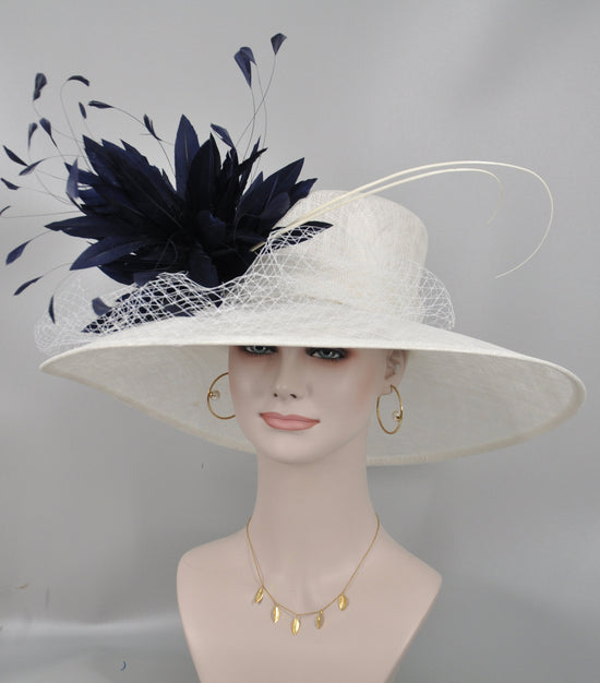 Wide Brim Sinamay Derby Hat: White & Navy Feather Flower