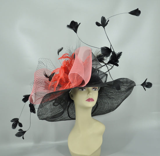 Black Sinamay Derby Hat: Coral Pink Bow & Feather Flowers