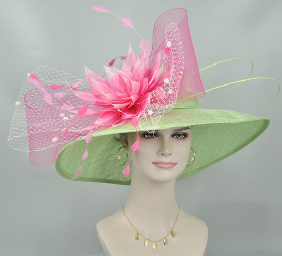 Wide Brim Kentucky Derby Hat, Ascot Hat for Wedding & Tea Party, Garden Party Hat, Mother of the Bride, Church – Green with Pink