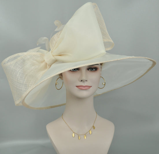 Champagne Wide Brim Sinamay Organza Church Hat, Kentucky Derby Hat, Ascot Hat for Wedding Tea Party, Garden Party Hat, Mother of the Bride
