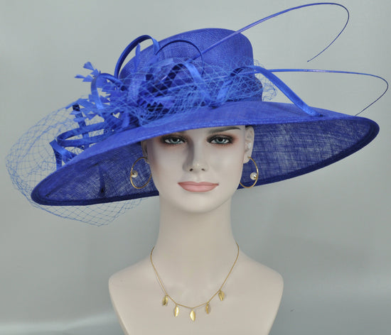 Royal Blue Sinamay Wide Brim Hat: DerbyChurch Wedding
