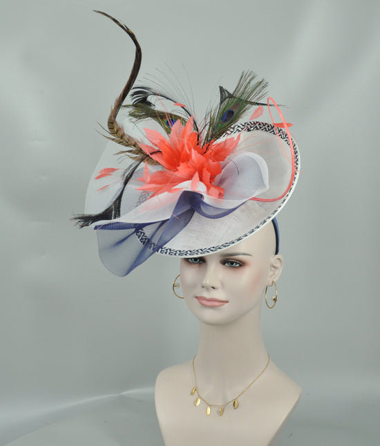 Sinamay Disc Fascinator Hat: Feather Flowers, Derby Hat