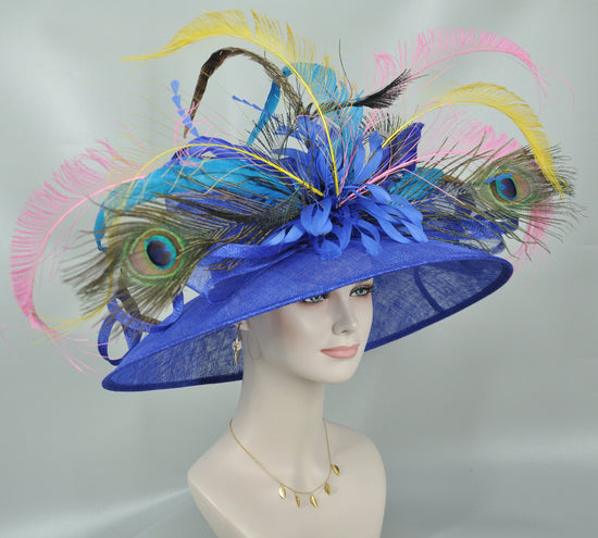 Wide Brim Kentucky Derby Hat, Ascot Hat for Wedding & Tea Party, Garden Party Hat, Mother of the Bride, Church Royal Blue Teal Blue Pink