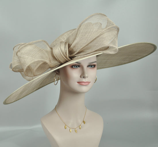 Taupe Derby Hat: Wide Brim Sinamay Bow Ascot Hat