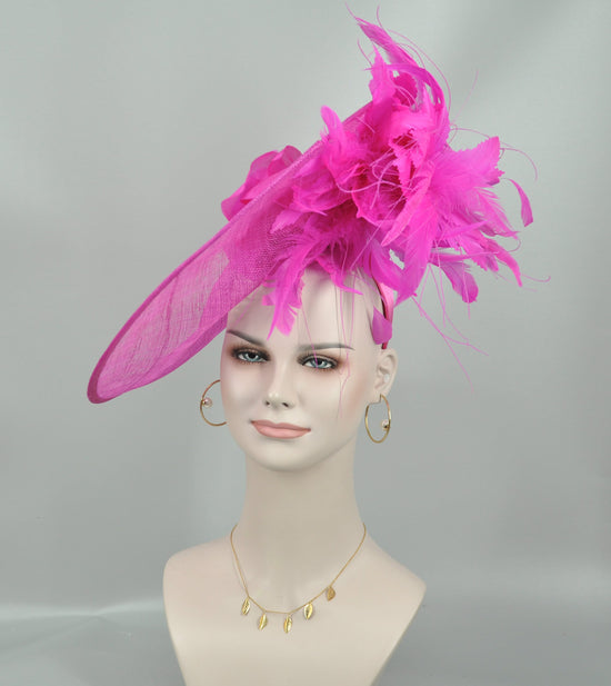 Hot pink Sinamay Disc Fascinator Hat with Jumbo Silk and Feather Flowers