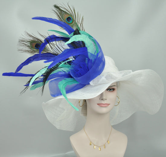 White Sinamay Derby Hat: Turquoise, Royal Blue Feather Flower