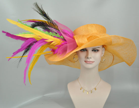 Orange Sinamay Wide Brim Derby Hat: Feather Flower Wedding Hat