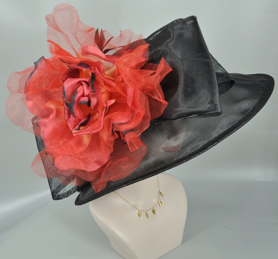 Black Sinamay Kentucky Derby Hat, Red Organza Flower, Wide Brim