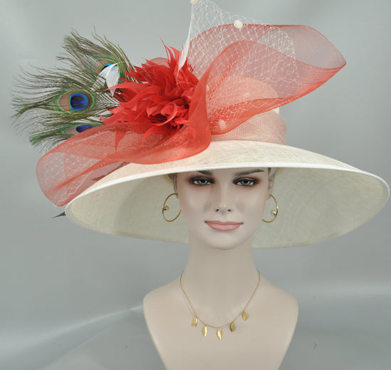 Derby Hat: Ivory Sinamay Feather Flower & Bow Tea Party Hat
