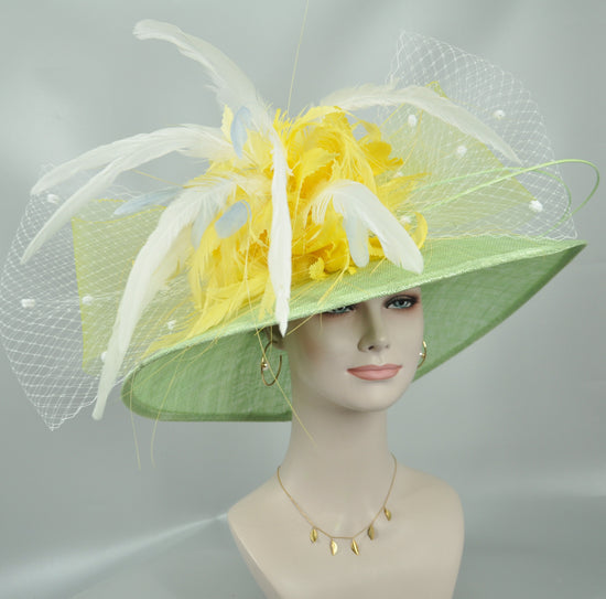 Green Yellow White Wide Brim Kentucky Derby Hat, Ascot Hat for Wedding & Tea Party, Garden Party Hat, Mother of the Bride, Church