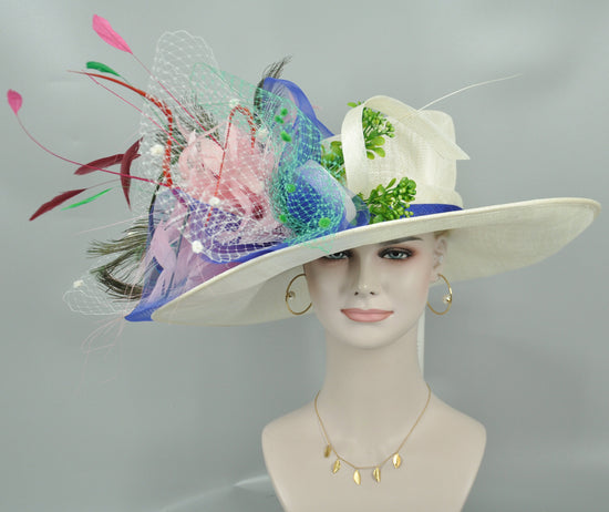 Wide Brim Sinamay Derby Hat: Feather Flowers Tea Party