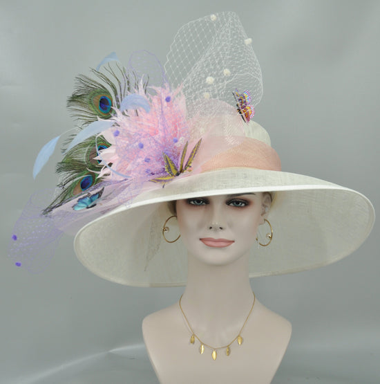 Wide Brim Sinamay Derby Hat: Ivory, Blush Pink, Butterflies