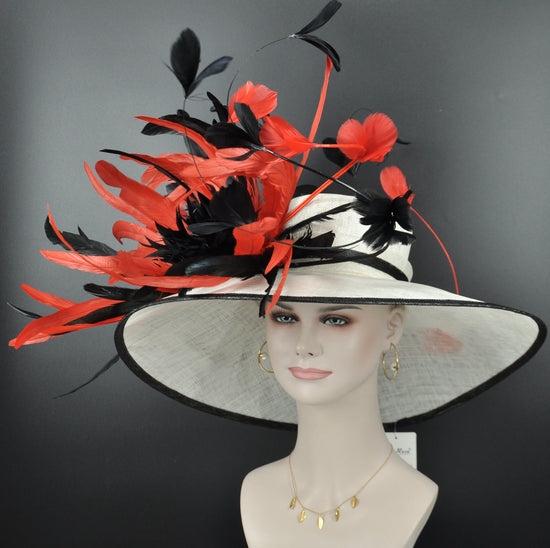 WHite Red Black Wide Brim Sinamay Derby Hat, Feather & Bow Statement Hat, Ascot Fascinator for Wedding, Church, Tea Party