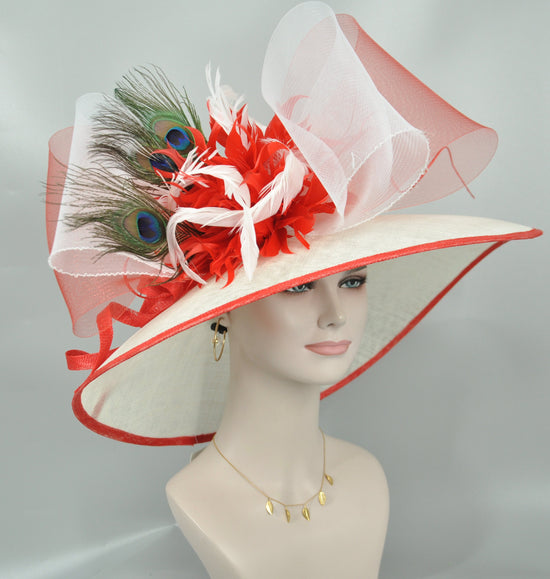 Wide Brim Kentucky Derby Hat, Ascot Hat for Wedding & Tea Party, Garden Party Hat, Mother of the Bride, Church-White w Red