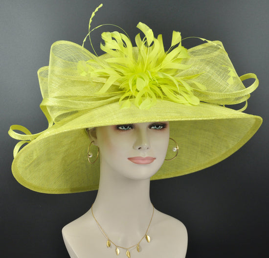 Lime Green Derby Hat: Feather Flower Sinamay Church Hat