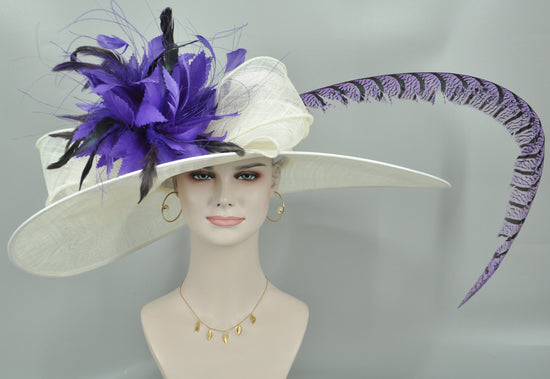 Wide Brim Derby Hat: Ivory Sinamay with Purple Feather Flower