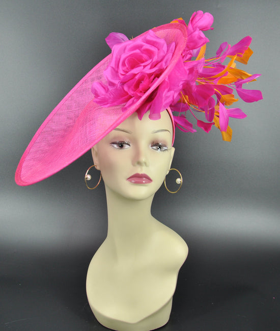 Hot Pink Sinamay Fascinator Hat: Silk Flower Derby Hat