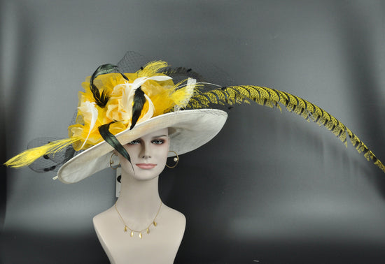 Wide Brim Kentucky Derby Hat, Ascot Hat for Wedding & Tea Party, Garden Party Hat,Mother of the Bride, Church Yellow Zebra Pheasant Feather