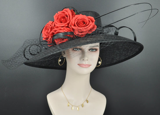 Black Red Rose Wide Brim Sinamay Hat for Kentucky Derby,Ascot Royal, Tea Garden Party,Easter Day,Mother of The Bride Elegant Occasion Hat