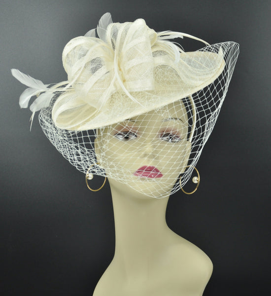 Ivory Sinamay Fascinator Hat: Feather & Net Derby Hat