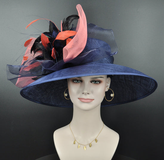 Navy Sinamay Derby Hat: Coral Feather Flowers, Wide Brim