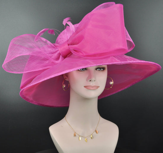 Fuchsia Sinamay Organza Wide Brim Kentucky Derby Hat, Ascot Hat for Wedding & Tea Party, Garden Party Hat, Mother of the Bride, Church